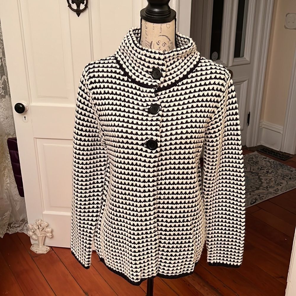 *Carducci* Sz L Black/White Chunky Knit 3-button Cardigan Classic Designer Style